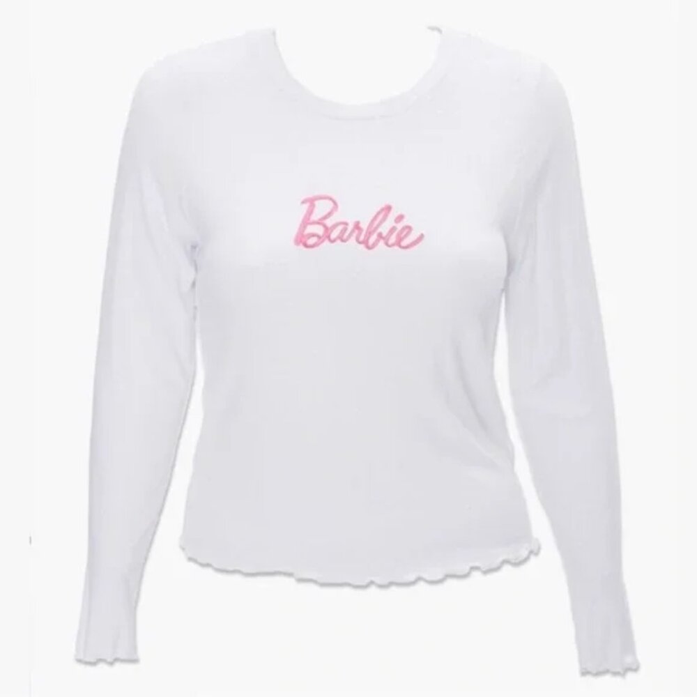 Barbie x Forever 21 Plus Lettuce Edge Top - White & Pink